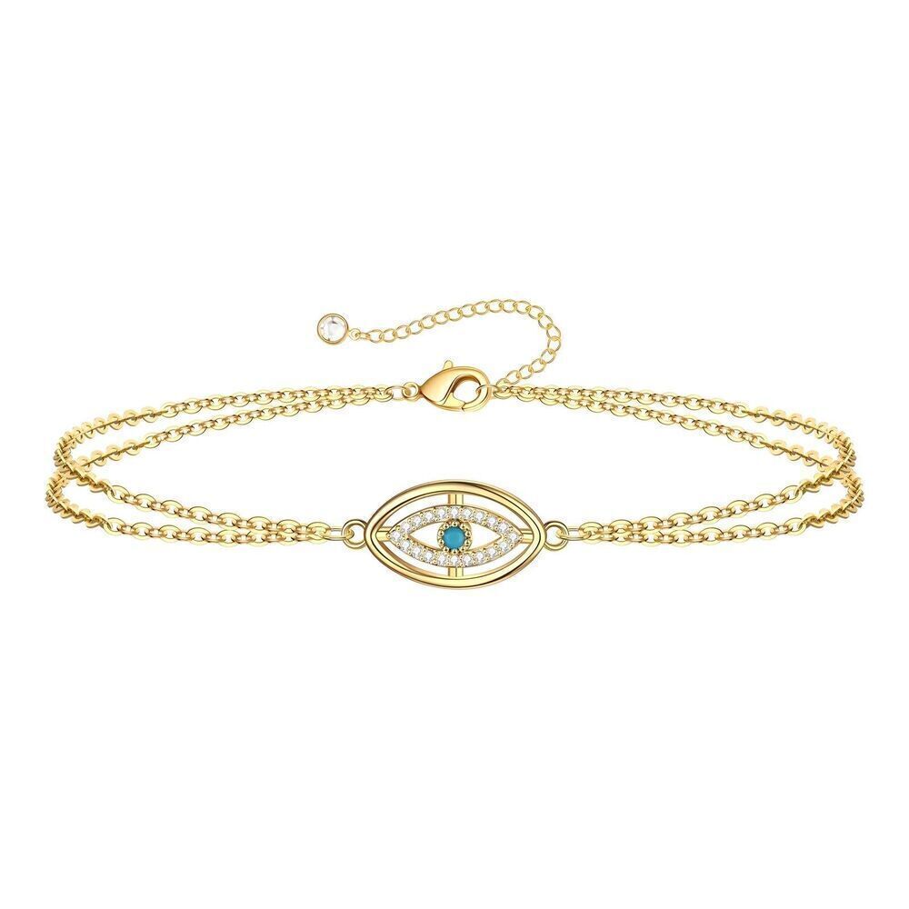 18K Gold Plated Women's Evil Eye Bracelet with Center Faux Stone Waterproof